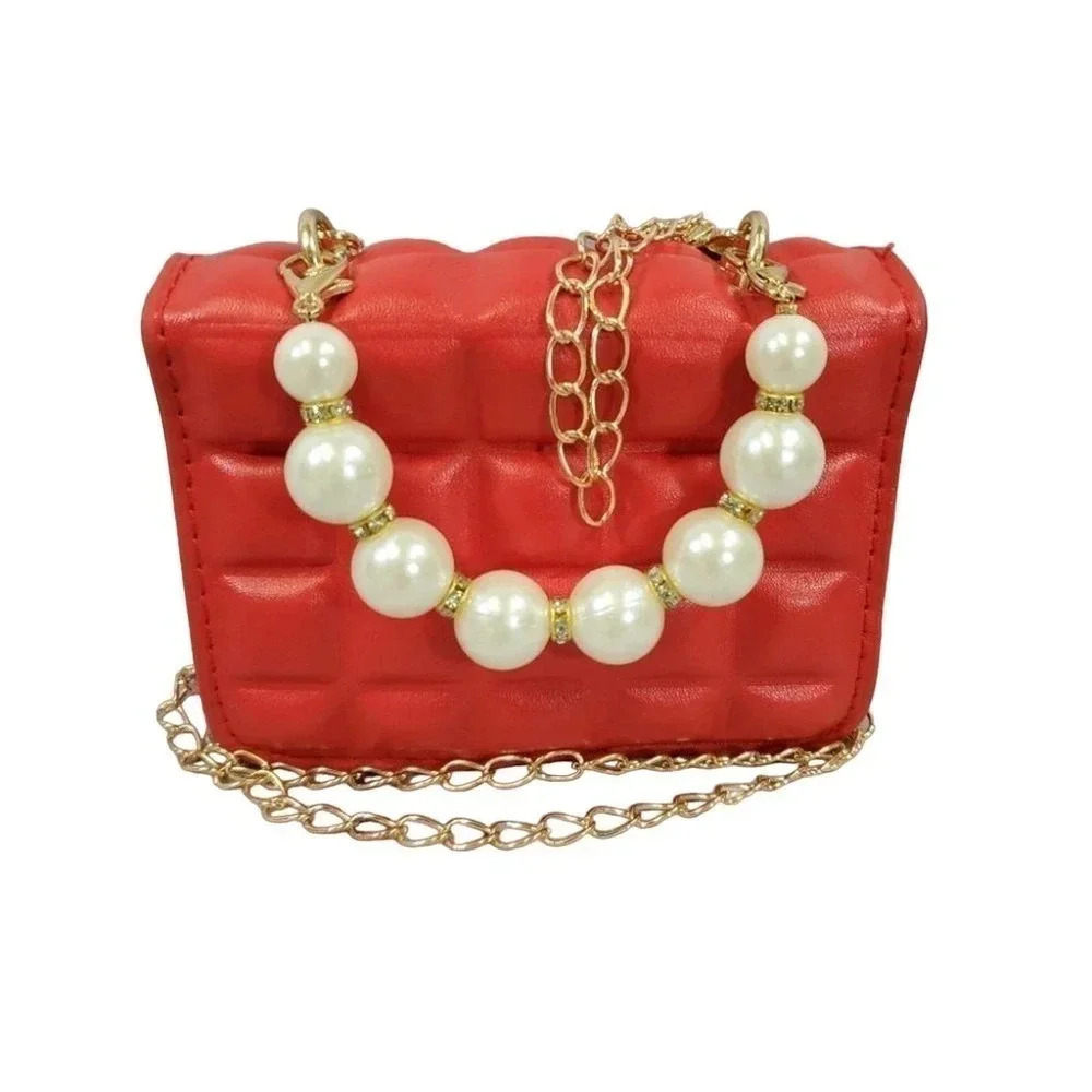 Red Golden Mini Clutch Handbag Purse. Pearls and Sparkles.